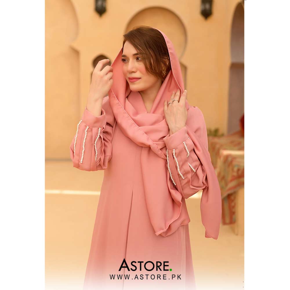 Pearls slit abaya pink