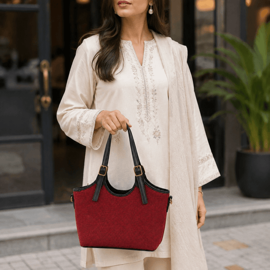 Bucket Canvas Tote Bag Maroon & Black - astorebags.pk