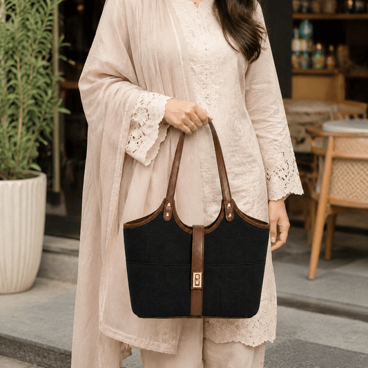 Mira Canvas Bag black & brown - astorebags.pk