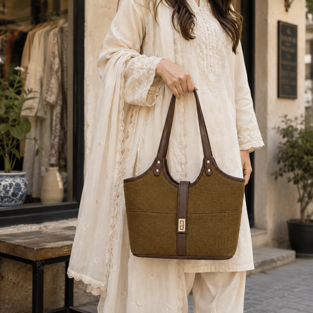 Mira Canvas Bag Brown - astorebags.pk