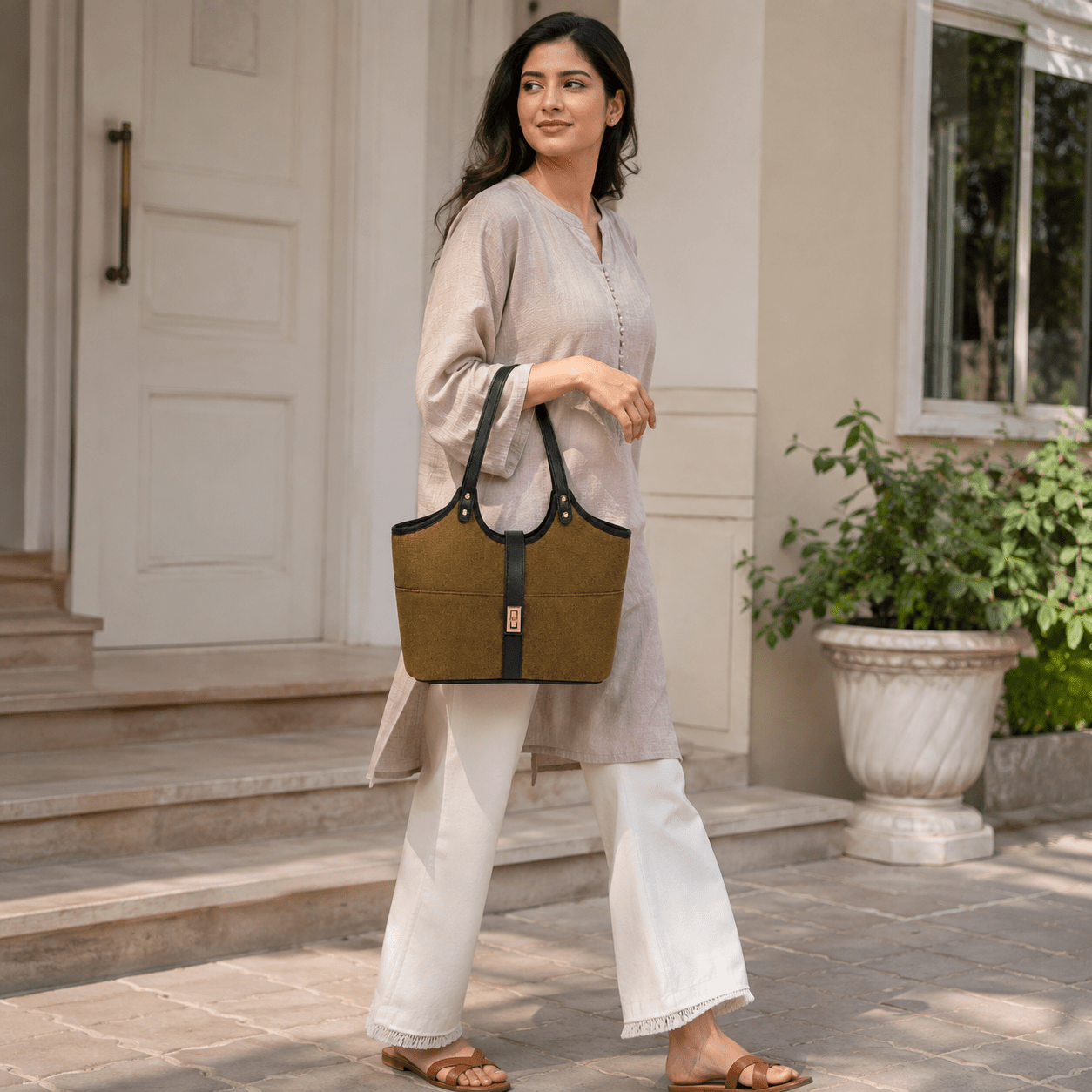 Mira Canvas Bag brown & black - astorebags.pk