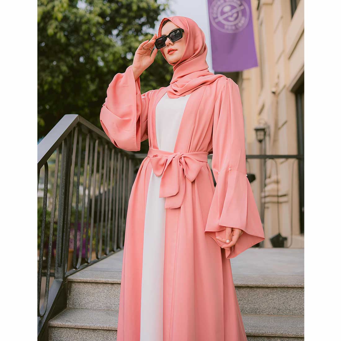 Shop Puff Sleeves Front Open Abaya (pink) Online in Pakistan